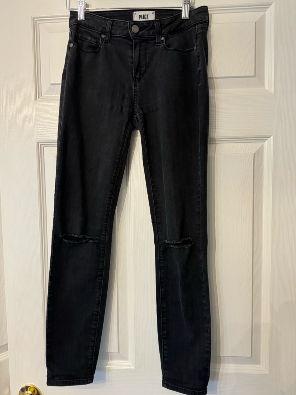 PAIGE Washed Black Skinny Jeans with Knee Slits